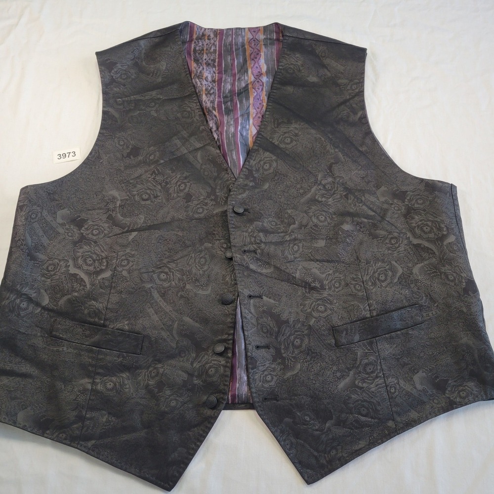 Mens Black Jacquard Rose Paisley Vest Formal Button Front Lined Pockets 52R Goth
